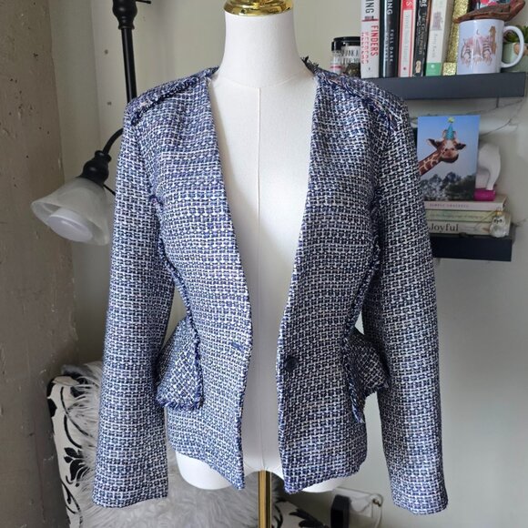 Banana Republic Blue & White Tweed Fringe Trim Single Button Blazer Jacket NWT - Picture 3 of 14